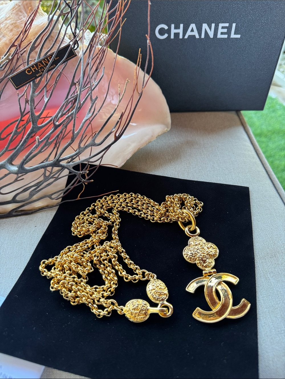 Chanel Vintage Gold Plated Clover CC Double Chain Necklace